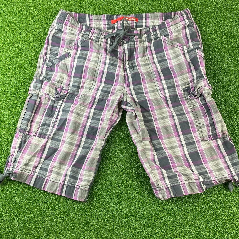 Vtg Unionbay Plaid Cargo Capri Shorts Juniors 9 Low Rise Y2K Drawstring Pockets